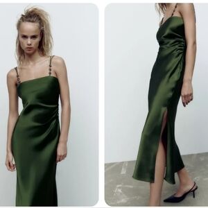 New Zara Satin Effect Jewel Straps Green Midi Dress NWT XS